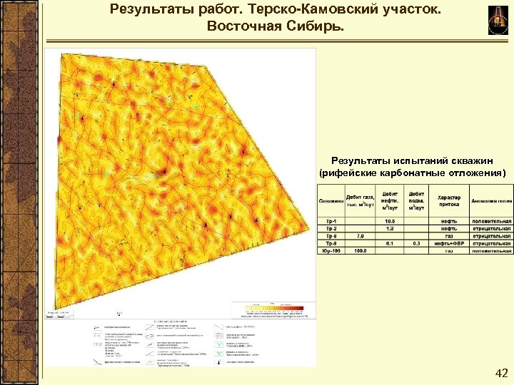 Результаты работ. Терско-Камовский участок. Восточная Сибирь. Результаты испытаний скважин (рифейские карбонатные отложения) 42 
