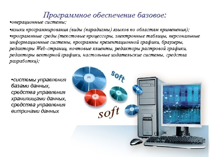 Программное обеспечение базовое: • операционные системы; • языки программирования (виды (парадигмы) языков по областям