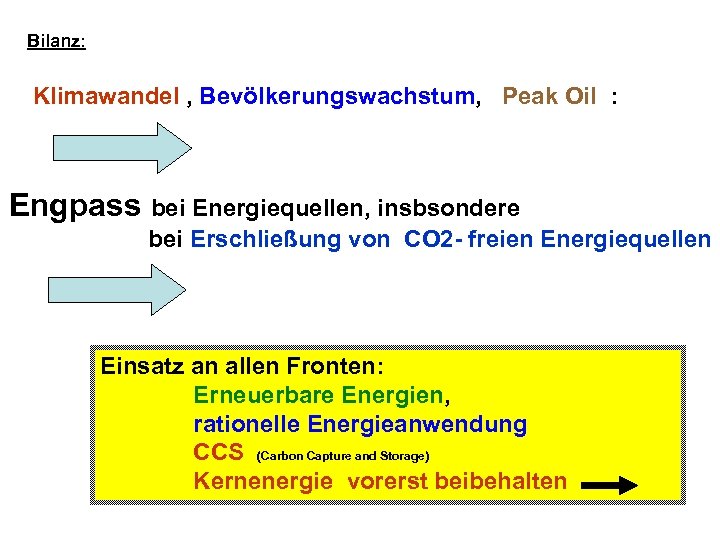 Bilanz: Klimawandel , Bevölkerungswachstum, Peak Oil : Engpass bei Energiequellen, insbsondere bei Erschließung von