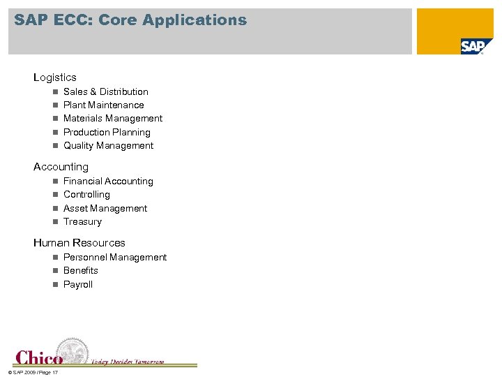 SAP ECC: Core Applications Logistics n Sales & Distribution n Plant Maintenance n Materials