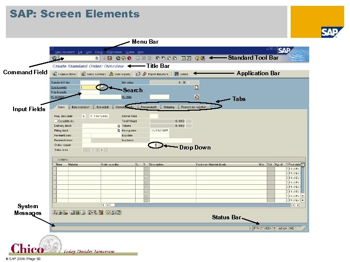 SAP: Screen Elements Menu Bar Standard Tool Bar Title Bar Command Field Application Bar