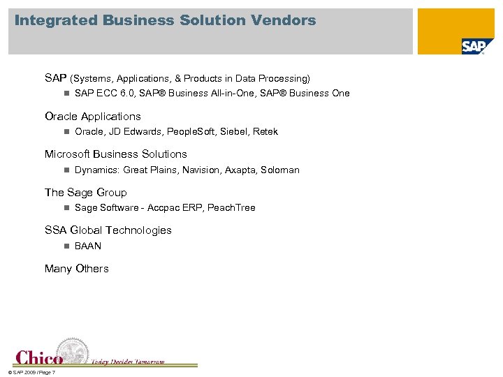 Integrated Business Solution Vendors SAP (Systems, Applications, & Products in Data Processing) n SAP