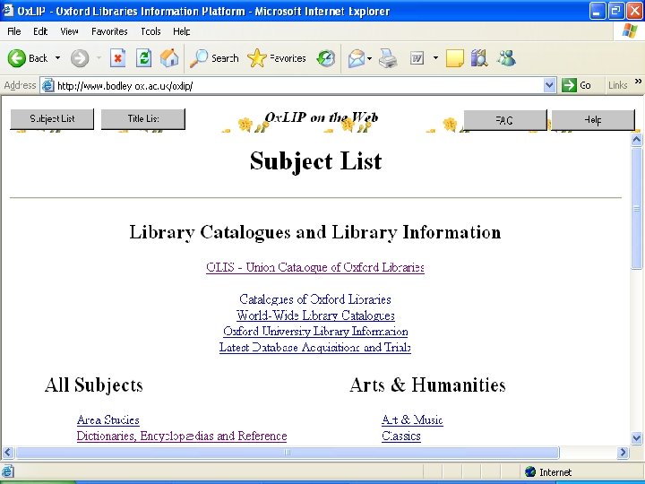 Web page of Subject List 