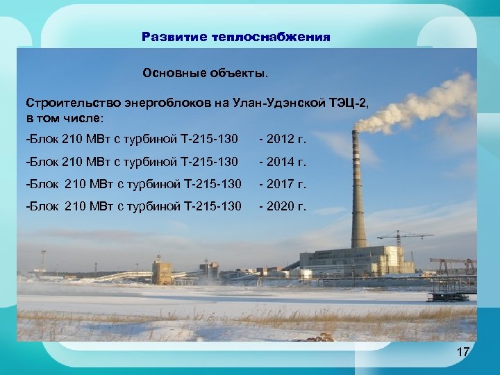 Развитие теплоснабжения Основные объекты. Строительство энергоблоков на Улан-Удэнской ТЭЦ-2, в том числе: -Блок 210