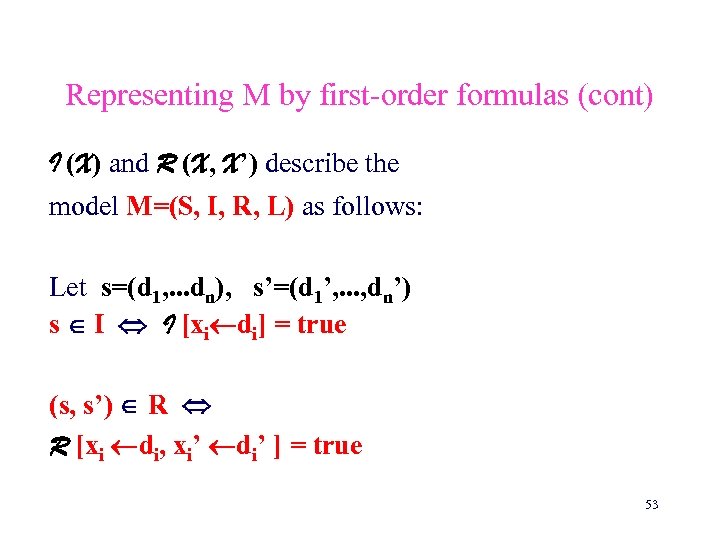 Representing M by first-order formulas (cont) I (X) and R (X, X’) describe the