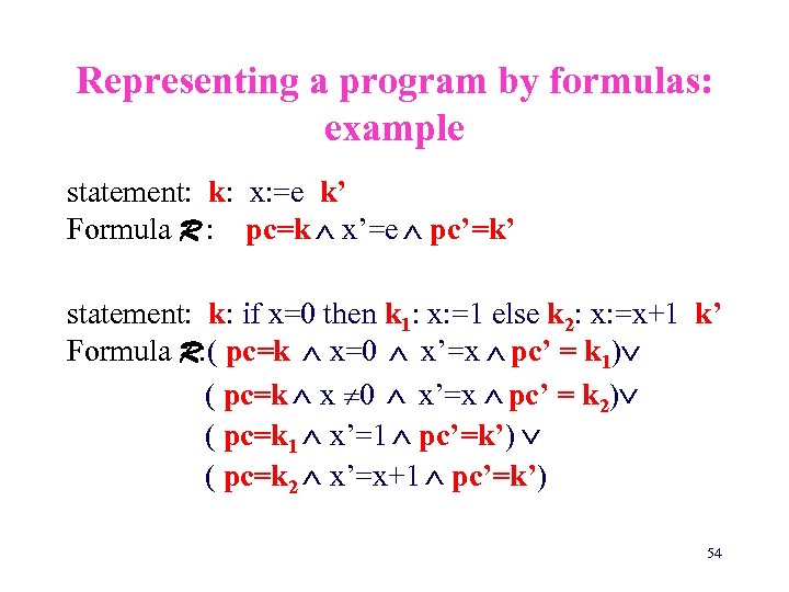 Representing a program by formulas: example statement: k: x: =e k’ Formula R :