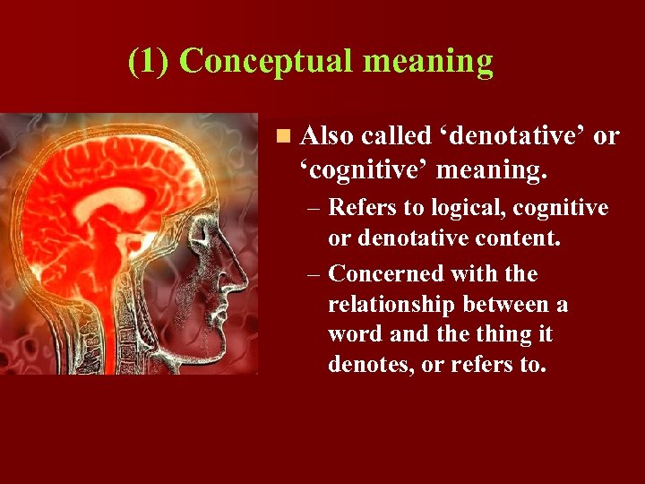 (1) Conceptual meaning n Also called ‘denotative’ or ‘cognitive’ meaning. – Refers to logical,