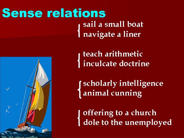 Sense relations sail a small boat navigate a liner teach arithmetic inculcate doctrine scholarly