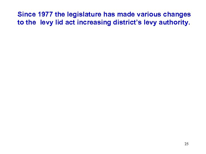 Since 1977 the legislature has made various changes to the levy lid act increasing