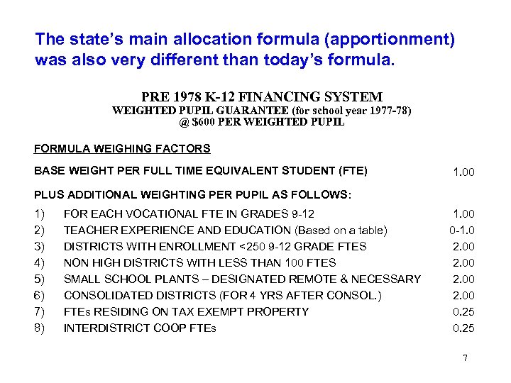 The state’s main allocation formula (apportionment) was also very different than today’s formula. PRE