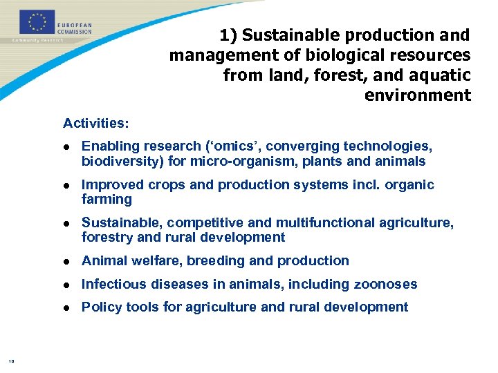 1) Sustainable production and management of biological resources from land, forest, and aquatic environment