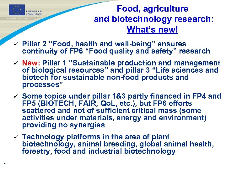 Food, agriculture and biotechnology research: What’s new! ü ü New: Pillar 1 “Sustainable production