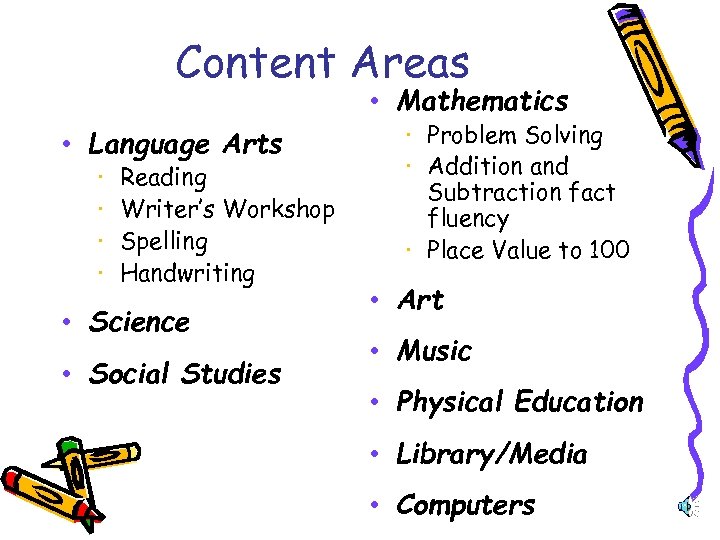 Content Areas • Mathematics • Language Arts · · Reading Writer’s Workshop Spelling Handwriting