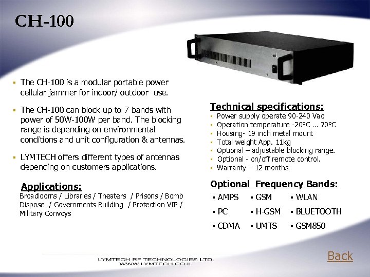 CH-100 ▪ The CH-100 is a modular portable power cellular jammer for indoor/ outdoor