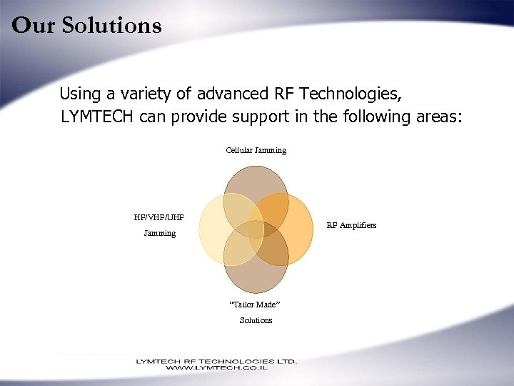 Our Solutions Using a variety of advanced RF Technologies, LYMTECH can provide support in