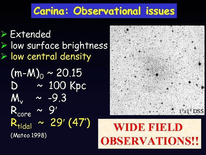 Carina: Observational issues Ø Extended Ø low surface brightness Ø low central density (m-M)0