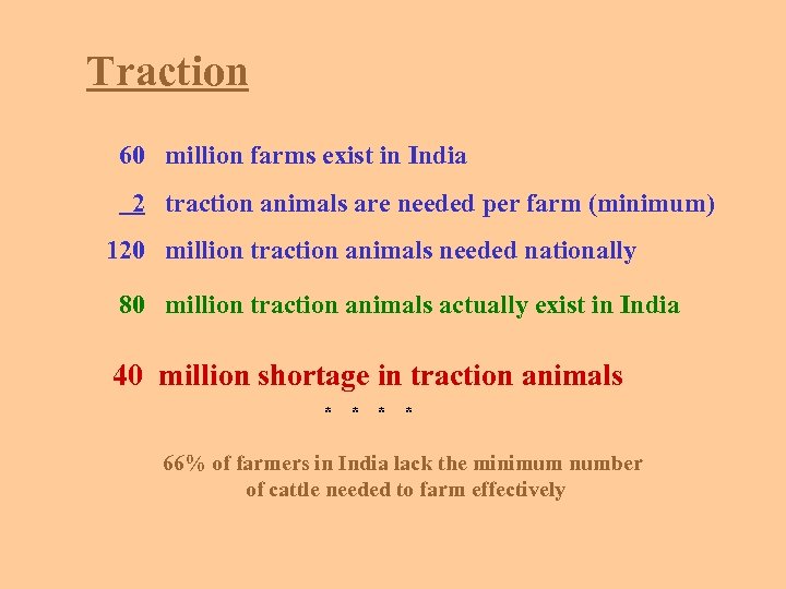Traction 60 million farms exist in India 2 traction animals are needed per farm
