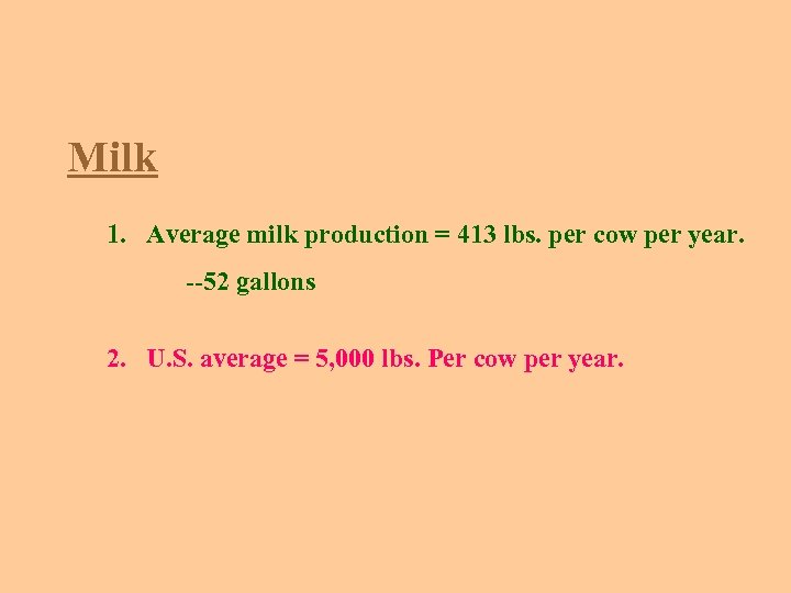 Milk 1. Average milk production = 413 lbs. per cow per year. --52 gallons
