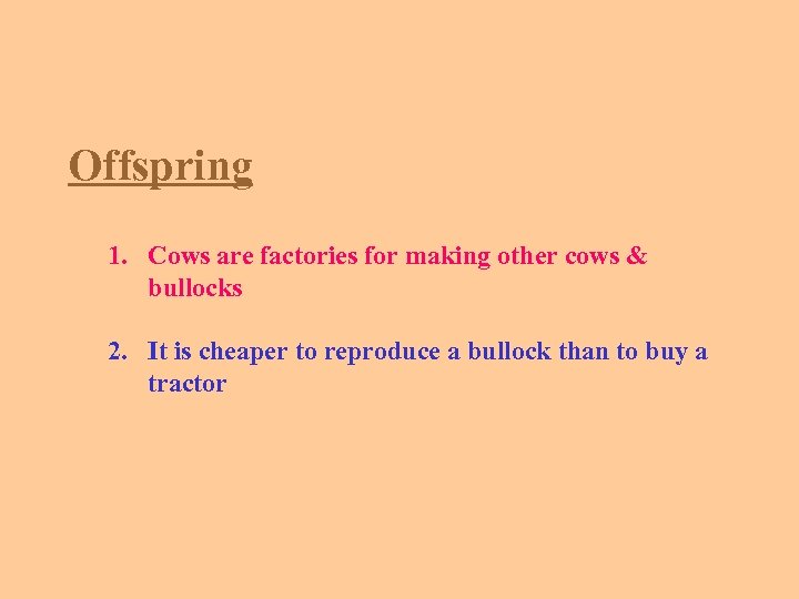 Offspring 1. Cows are factories for making other cows & bullocks 2. It is