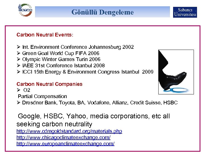 Gönüllü Dengeleme Carbon Neutral Events: Ø Int. Environment Conference Johannesburg 2002 Ø Green Goal