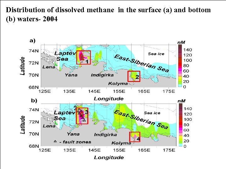 Distribution of dissolved methane in the surface (a) and bottom (b) waters- 2004 