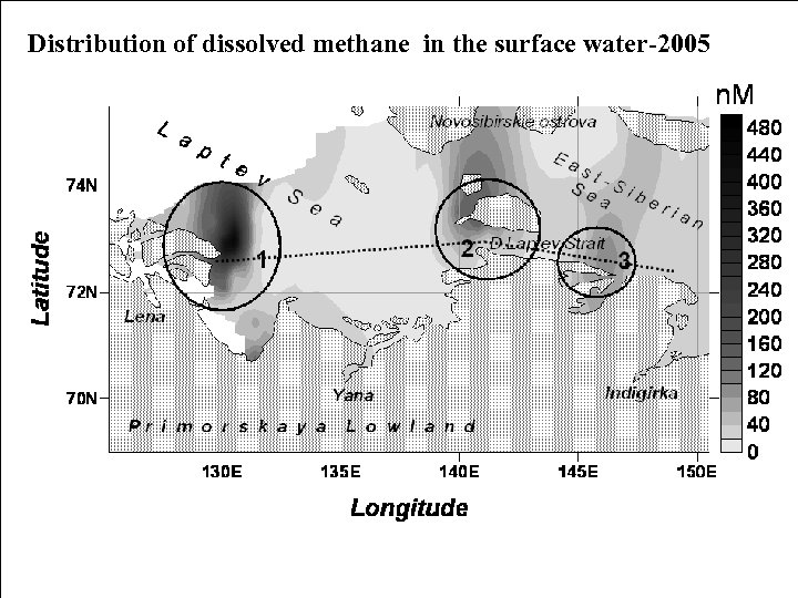 Distribution of dissolved methane in the surface water-2005 