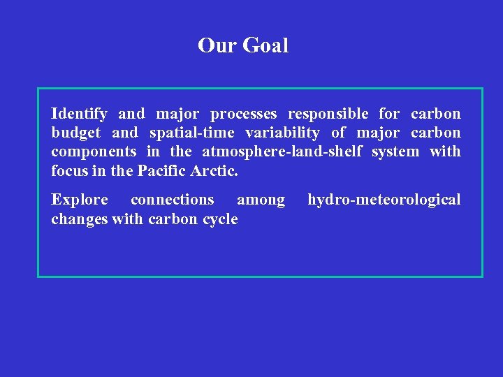 Our Goal Identify and major processes responsible for carbon budget and spatial-time variability of
