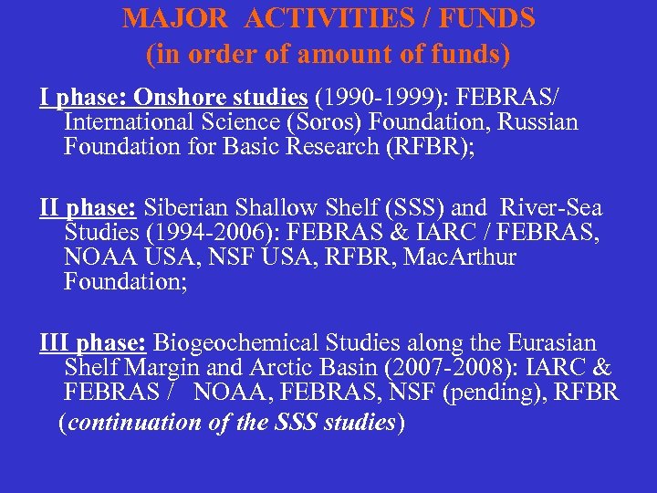 MAJOR ACTIVITIES / FUNDS (in order of amount of funds) I phase: Onshore studies