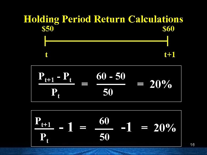 Holding Period Return Calculations $50 $60 t t+1 Pt+1 - Pt Pt Pt+1 Pt