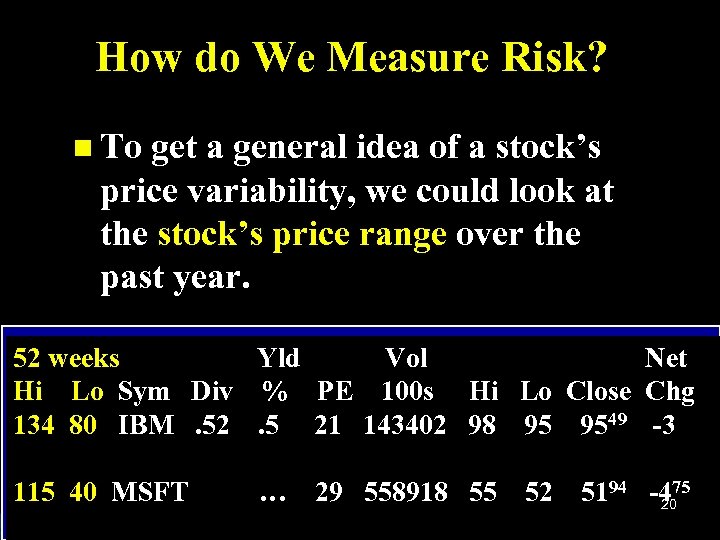 How do We Measure Risk? n To get a general idea of a stock’s