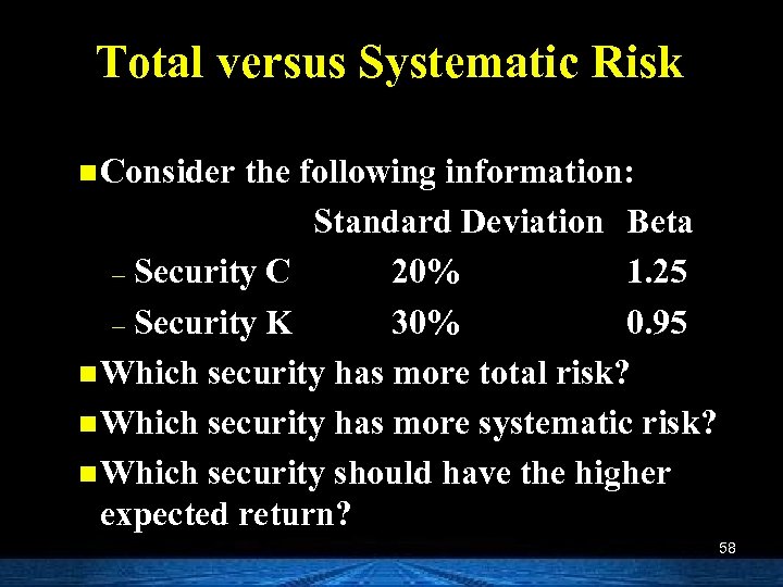 Total versus Systematic Risk n Consider the following information: Standard Deviation Beta – Security