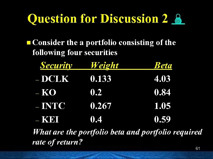 Question for Discussion 2 n Consider the a portfolio consisting of the following four