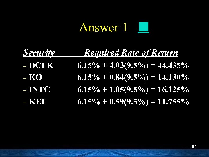 Answer 1 Security Required Rate of Return DCLK – KO – INTC – KEI