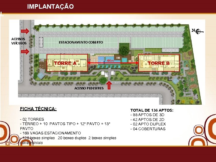IMPLANTAÇÃO AL N ACESSOS VEÍCULOS ESTACIONAMENTO COBERTO TORRE A 44 m TORRE B ACESSO