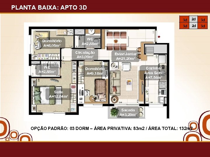 PLANTA BAIXA: APTO 3 D 3 d 2 d 3 d WC A=2, 88