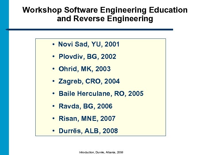 Workshop Software Engineering Education and Reverse Engineering • Novi Sad, YU, 2001 • Plovdiv,