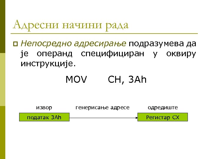 Адресни начини рада p Непосредно адресирање подразумева да је операнд специфициран у оквиру инструкције.