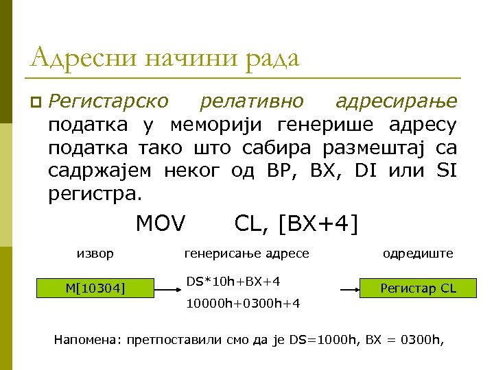 Адресни начини рада p Регистарско релативно адресирање податка у меморији генерише адресу податка тако