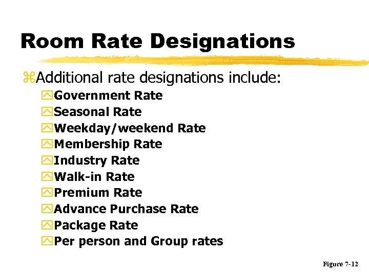 Room Rate Designations z. Additional rate designations include: y. Government Rate y. Seasonal Rate