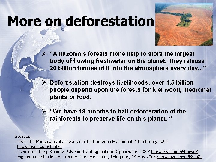 More on deforestation Ø “Amazonia’s forests alone help to store the largest body of