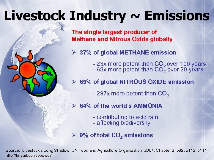 Livestock Industry ~ Emissions The single largest producer of Methane and Nitrous Oxide globally