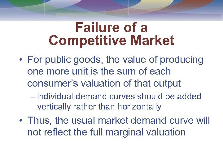 Failure of a Competitive Market • For public goods, the value of producing one
