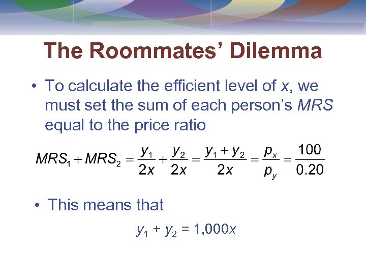 The Roommates’ Dilemma • To calculate the efficient level of x, we must set