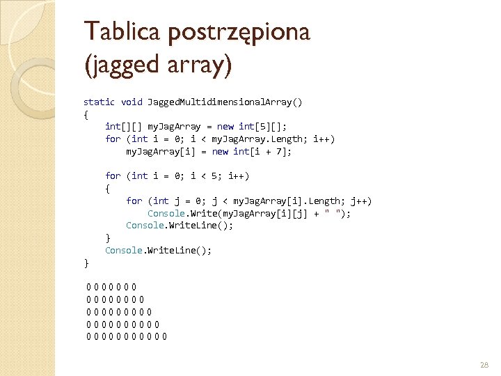 Tablica postrzępiona (jagged array) static void Jagged. Multidimensional. Array() { int[][] my. Jag. Array