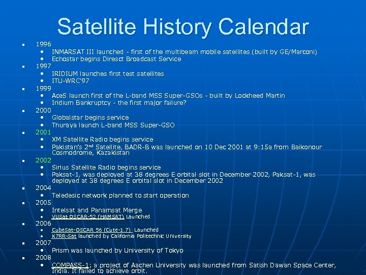 Satellite History Calendar n n n n 1996 • INMARSAT III launched - first