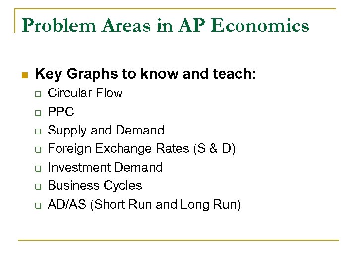 Problem Areas in AP Economics n Key Graphs to know and teach: q q