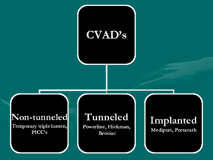 CVAD’s Non-tunneled Temporary triple lumen, PICC’s Tunneled Powerline, Hickman, Broviac Implanted Mediport, Portacath 