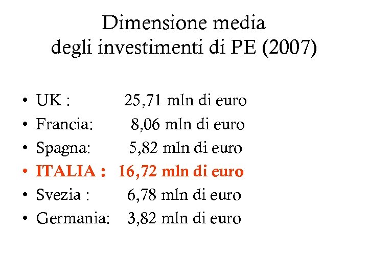 Dimensione media degli investimenti di PE (2007) • • • UK : 25, 71