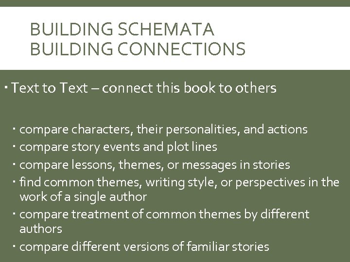 BUILDING SCHEMATA BUILDING CONNECTIONS Text to Text – connect this book to others compare