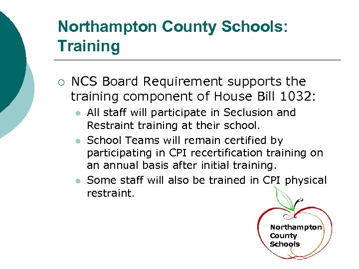 Northampton County Schools: Training ¡ NCS Board Requirement supports the training component of House